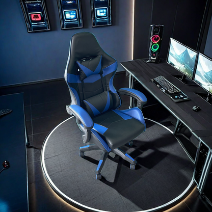 Ergonomic gaming chair with headrest and lumbar support in a professional gaming setup, featuring adjustable height and reclining angle. Ideal for wholesale from Chinese manufacturers for office, home, and gaming environments.