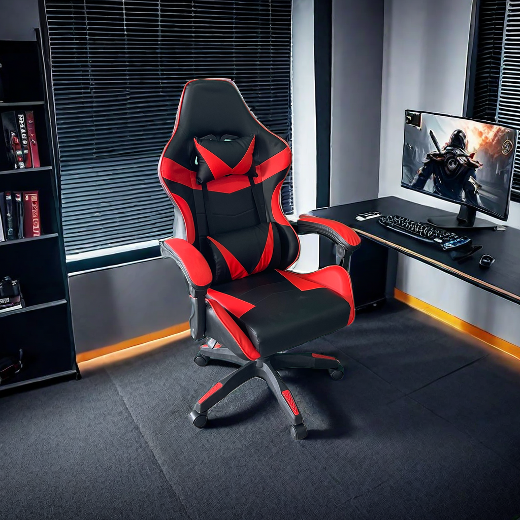 Ergonomic gaming and office chair with headrest and lumbar support, featuring reclining function and 360° swivel, ideal for home or professional use. Suitable for bulk orders directly from China.