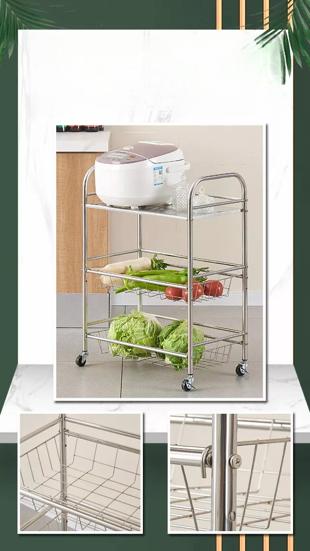 Movable multi-purpose storage rack with three-tier shelving for kitchen or office organization, ideal for wholesale sourcing from China.