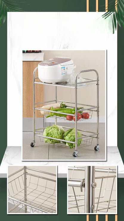 Movable multi-purpose storage rack with three-tier shelving for kitchen or office organization, ideal for wholesale sourcing from China.