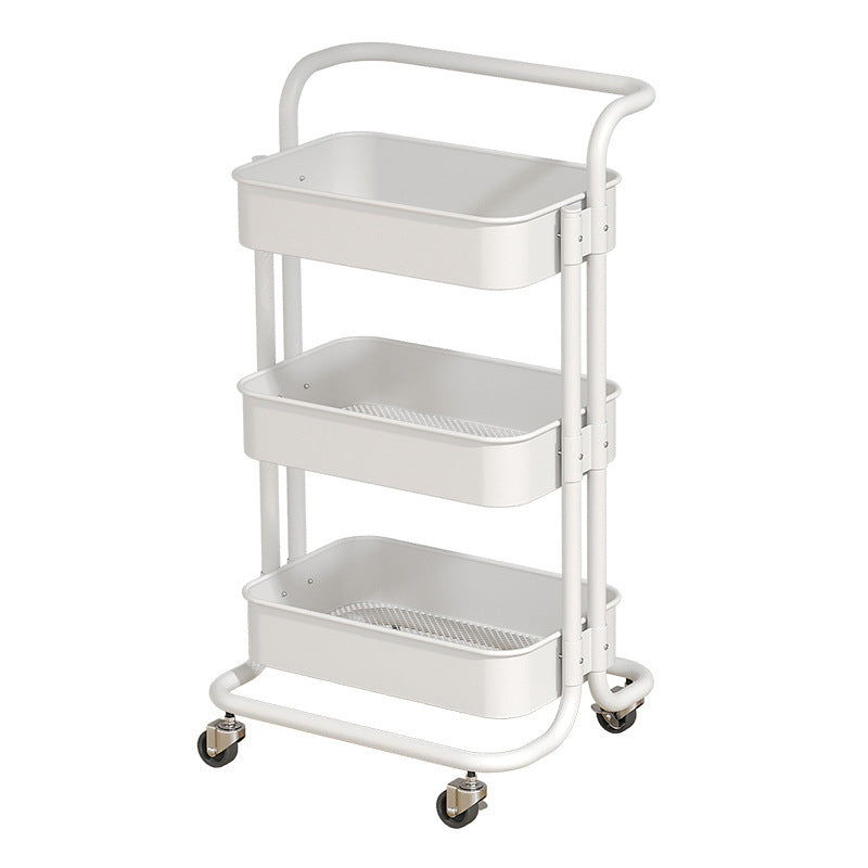 Three-tier rolling utility cart with spacious compartments, featuring smooth caster wheels for easy mobility. Ideal for organizing items in kitchens, offices, or studios. Perfect for wholesale buyers seeking efficient storage solutions from China.