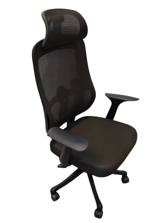 Ergonomic mesh office chair with adjustable headrest, 3D armrests, and rolling wheels, ideal for office workstations and home offices. Designed for international buyers sourcing bulk furniture directly from China.