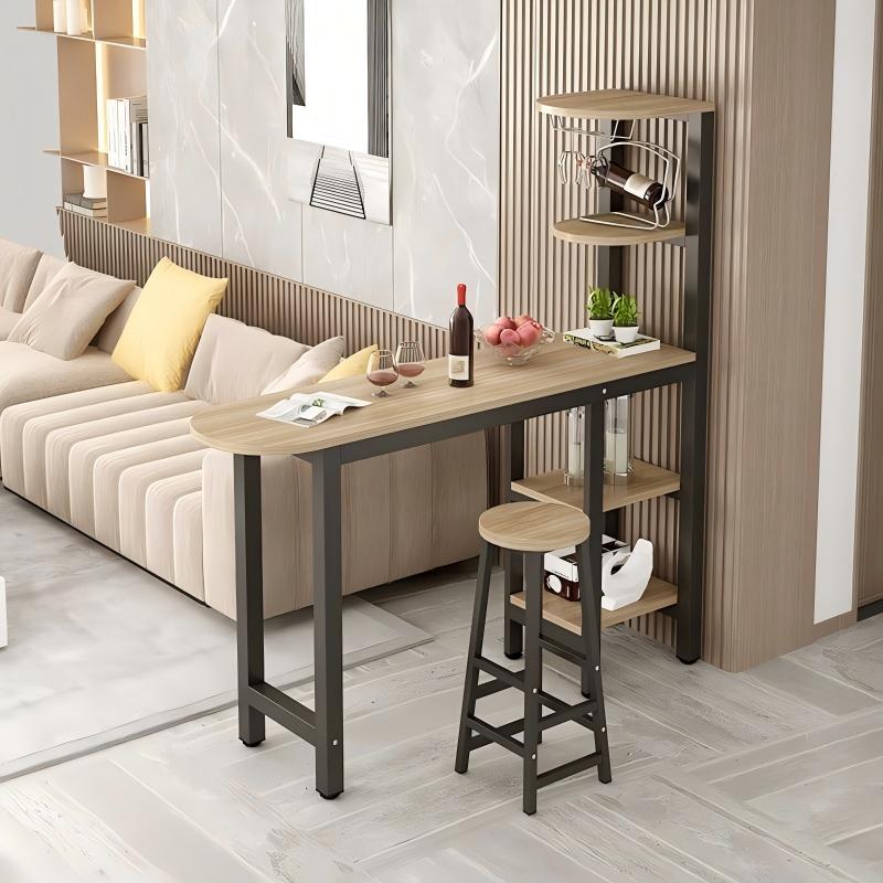 Compact bar table with integrated shelving, paired with a leather stool and bar stool set. Ideal for kitchens, living rooms, or home bars. Wholesale direct from China's leading manufacturer.