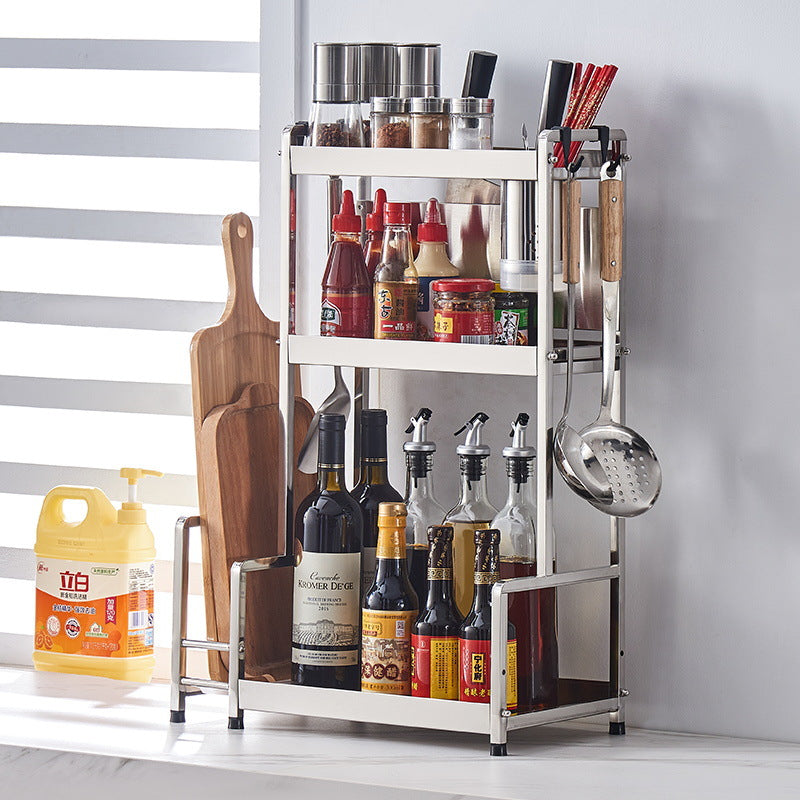 Multifunctional kitchen spice rack with two tiers for organizing condiments, utensils, and bottles. Ideal for home or commercial kitchens, enhancing countertop storage efficiency. Direct wholesale from Chinese supplier, suitable for bulk purchasing.