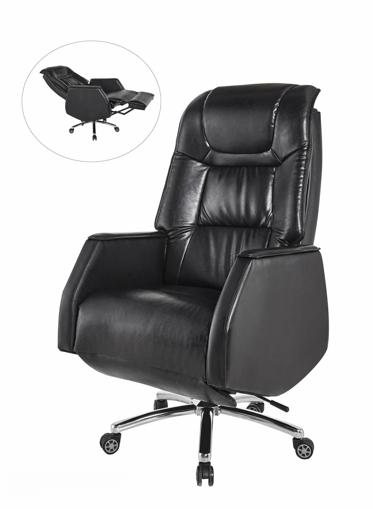 Ergonomic reclining leather office chair with high back and adjustable armrests, ideal for executive offices, home workspaces, and co-working environments. Available for wholesale from Chinese manufacturers, providing cost-effective bulk purchase options.