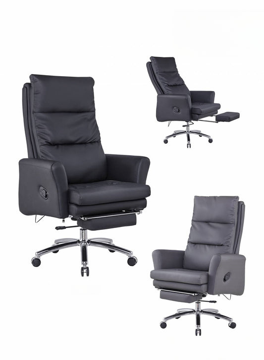 Reclining ergonomic office chair with high backrest and adjustable armrests, ideal for office spaces, executive rooms, and home use. Perfect for wholesale buyers seeking bulk furniture from China. Suitable for long working hours and relaxation.