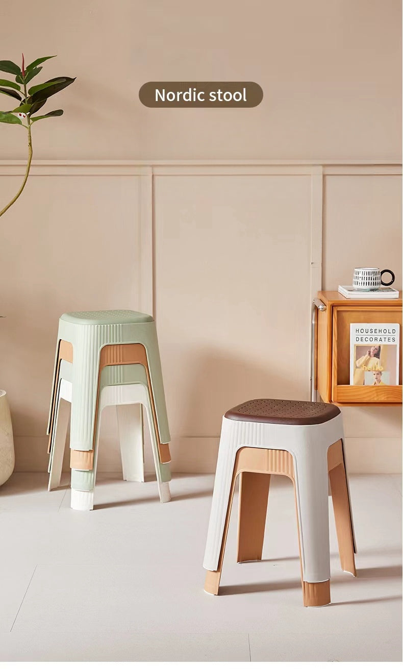 Stackable Nordic stools suitable for home, office, cafes, and more. Ideal for importers and wholesalers sourcing directly from China. Features breathable seat surfaces and compact design for space-saving storage and easy relocation.