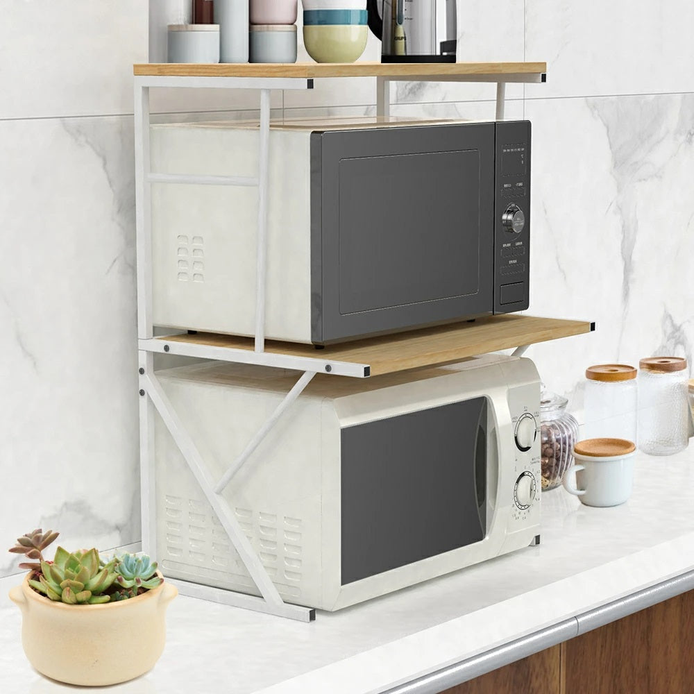 Double-layer kitchen organizer shelf for storing microwaves, maximizing counter space. Ideal for kitchens, home offices, and cafes. Direct China wholesale option for bulk buyers.