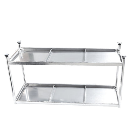 Two-tier kitchen shelving rack, ideal for home, office, and retail storage, available for bulk wholesale directly from a Chinese manufacturer. Easy to assemble and offers increased storage capacity in various settings.