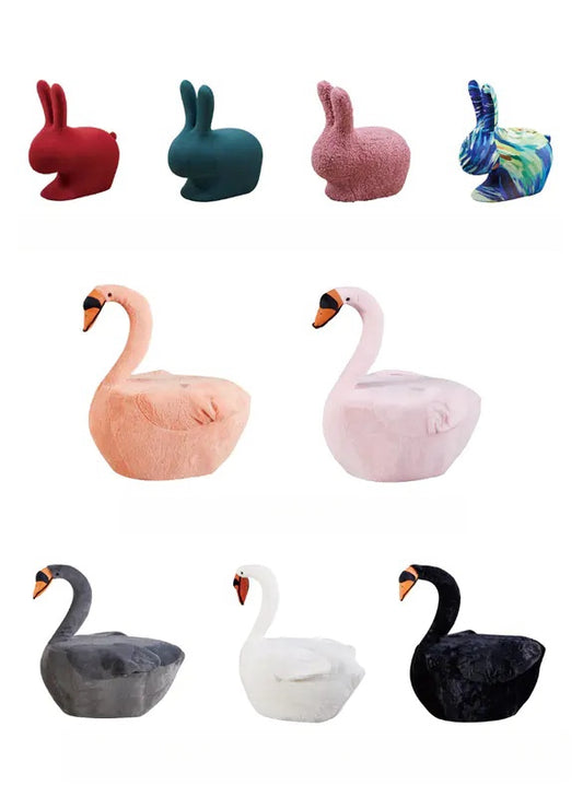 Creative animal-shaped stools featuring swan and rabbit designs, ideal for lounge areas, decorative furniture, and creative projects. Wholesale advantages from a direct Chinese supplier.