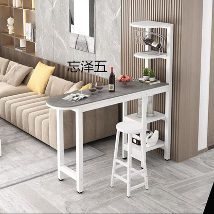 Compact bar table with shelving and leather seat chairs, suitable for small dining areas or home bars, highlighting space-saving design and wholesale advantages direct from China.