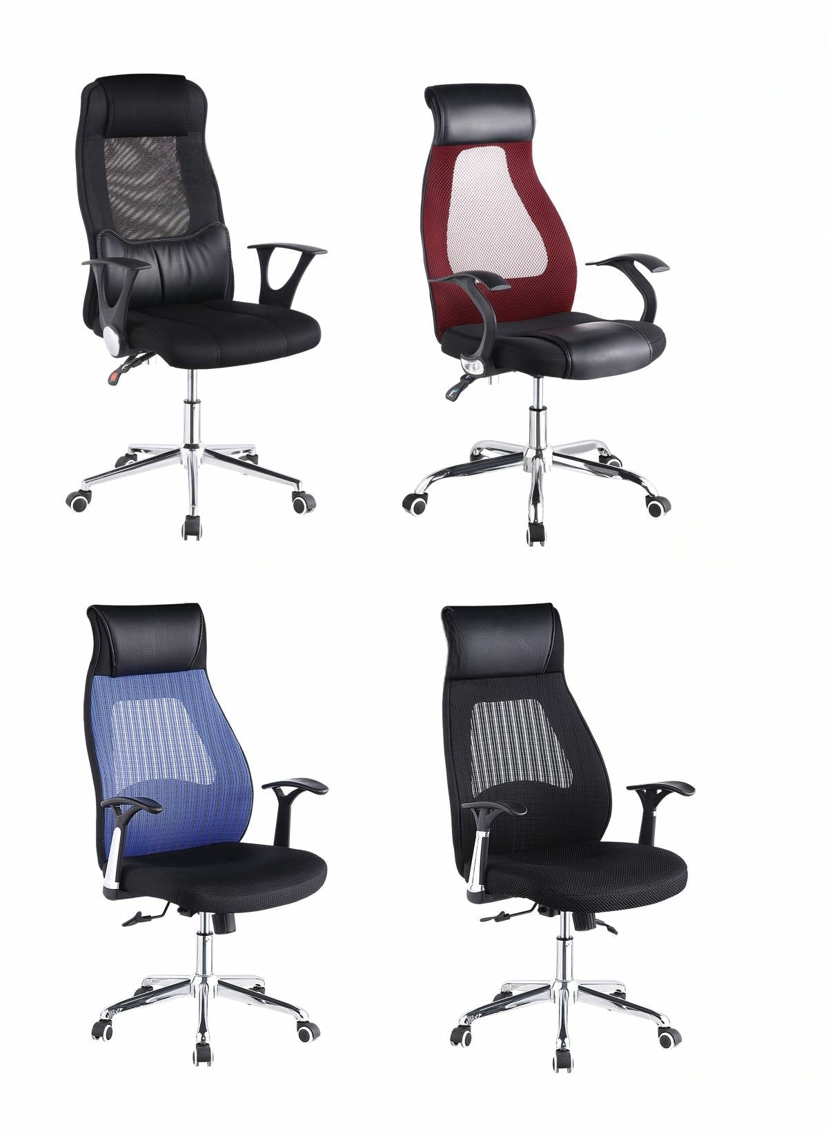 Ergonomic office chairs with mesh and leather backrests, adjustable armrests, and lumbar support, suitable for offices, home workstations, and commercial environments. Wholesale options available directly from a Chinese manufacturer.