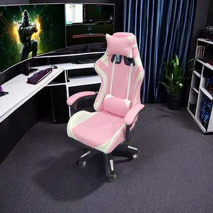 Ergonomic gaming chair with headrest and lumbar support, ideal for office or home use, featuring a flexible reclining function and 360-degree swivel. Suitable for long hours of gaming or work, available for bulk wholesale directly from China.