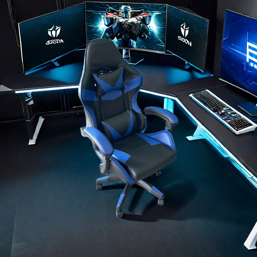 Ergonomic gaming chair with headrest and lumbar support in a gaming setup, showcasing comfort and versatility for long working or gaming sessions. Ideal for wholesale from Chinese manufacturers for resellers or businesses. Adjustable and customizable for office or home use.