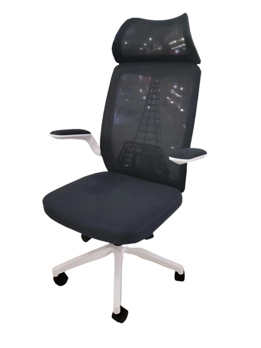 Ergonomic office chair with high backrest and breathable mesh, adjustable armrests, and headrest. Ideal for home offices, commercial workspaces, and wholesale bulk orders from China.