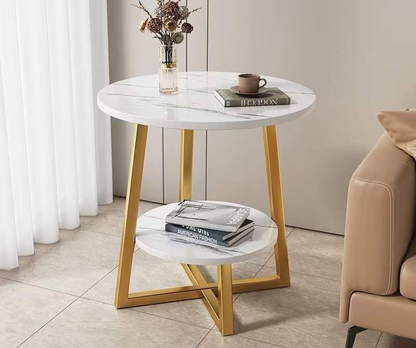 Round end table with lower shelf for storage next to a sofa in a living room setting, perfect for wholesale from China for home and office use.