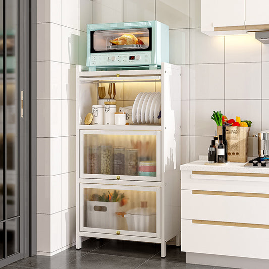 Kitchen storage rack featuring shelves for organizing dishes, appliances, and a microwave, with transparent doors for easy access. Ideal for home kitchens, restaurants, or office break rooms. Suitable for wholesale purchase directly from a Chinese manufacturer. Customizable options available.