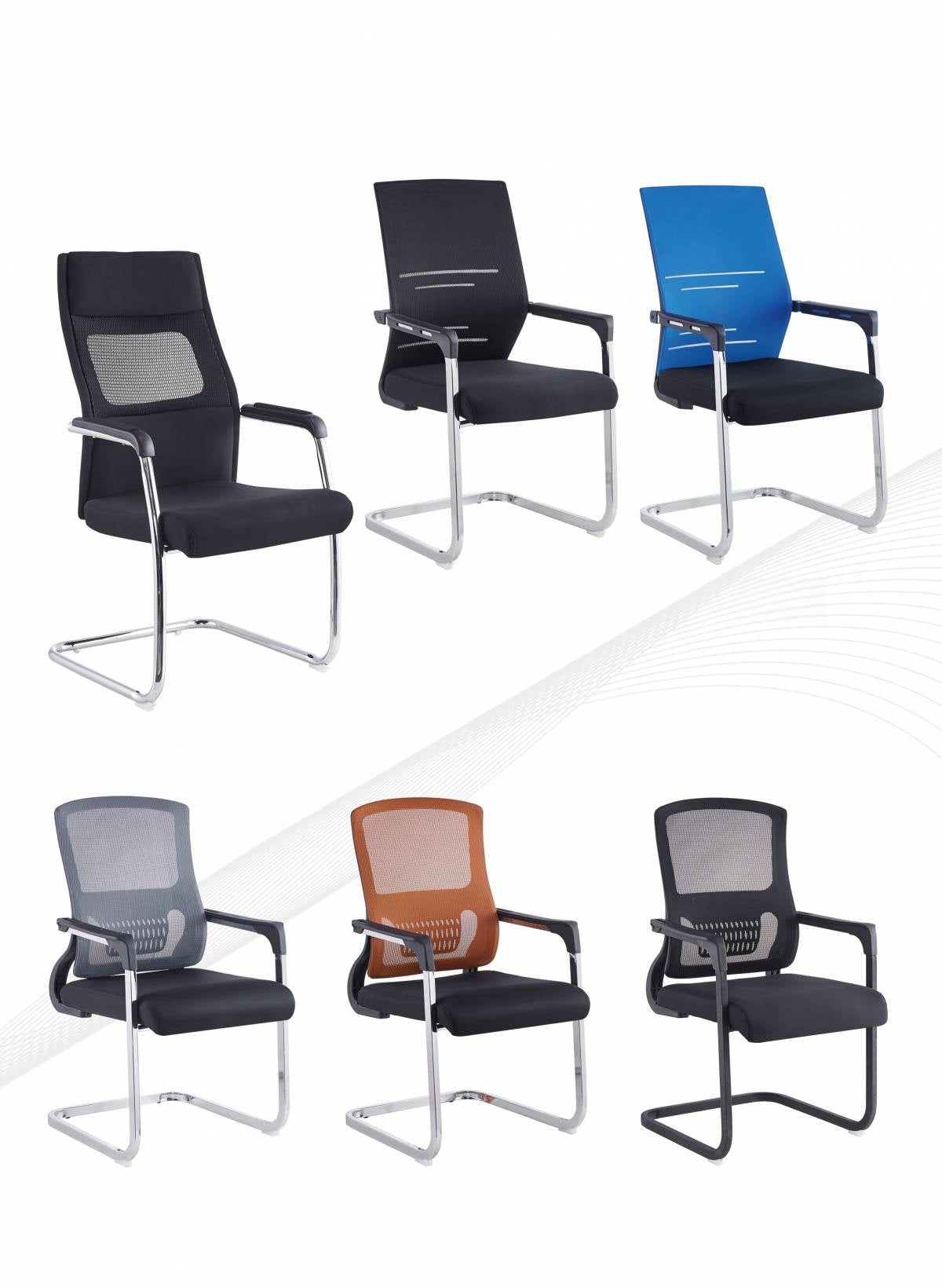 Office and conference chairs with mesh or leather options, ideal for meeting rooms and workspaces. Available for wholesale directly from China.