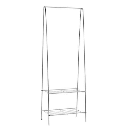 Clothing rack with dual shelves for garment storage, suitable for bedrooms, entryways, and retail spaces. Ideal for wholesalers and bulk furniture purchases directly from China. Customizable for various storage needs.