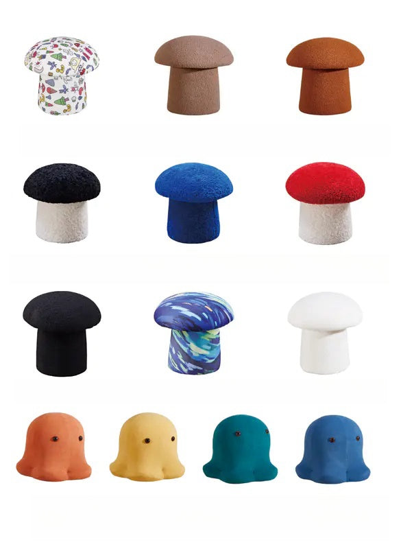 Mushroom-shaped stools and ottomans for multi-scene use, featuring leather and mesh options, suitable for living rooms, offices, lounges, cafes, and creative spaces. Wholesale ordering available directly from Chinese manufacturer.