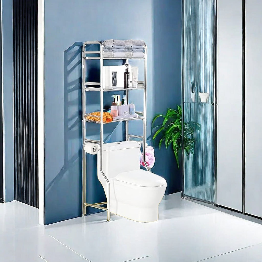 Over-the-toilet storage rack in a modern bathroom, showcasing multi-tier shelving for organizing toiletries and towels, ideal for space-saving in homes, hotels, and commercial spaces. Available for direct wholesale from China for bulk purchasing.