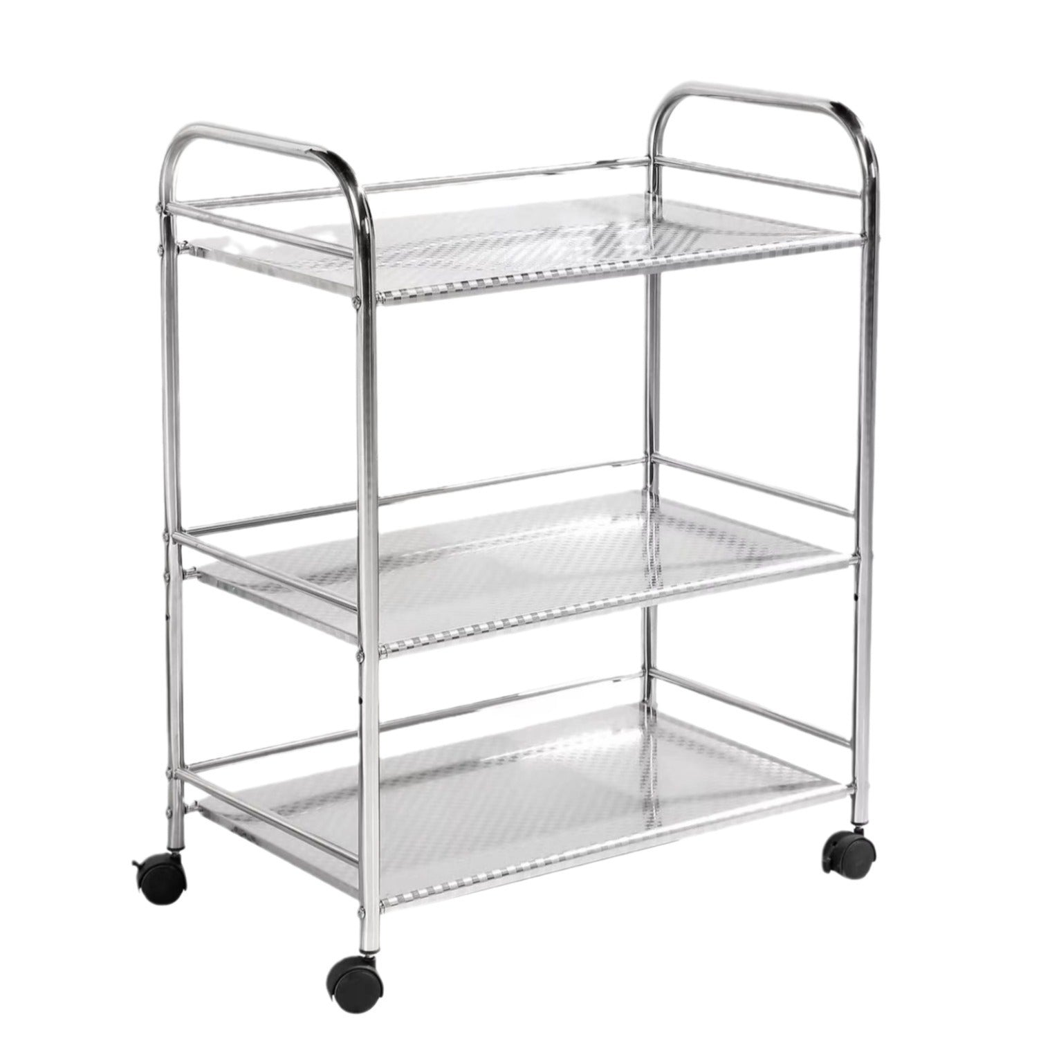 Three-tier rolling utility cart with open shelving and smooth-rolling wheels for versatile home or commercial storage solutions. Ideal for wholesale bulk orders from Chinese suppliers.