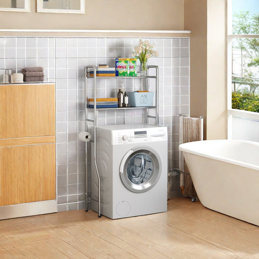 Over-washing machine storage rack with multiple shelves holding bathroom and laundry supplies, featuring hooks for towels and toilet paper, optimizing vertical space in a bathroom setting. Ideal for bulk wholesale purchases directly from China.