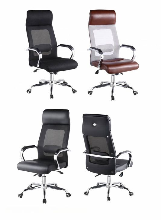 Executive ergonomic office chairs with mesh backs and leather headrests, featuring high backrests, flip-up armrests, and adjustable seating options; suitable for offices and home workspaces. Available for wholesale directly from China.