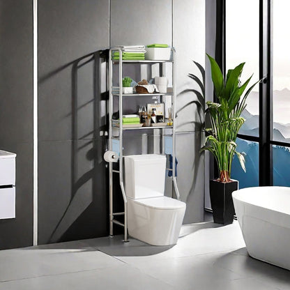 Over-the-toilet storage rack in modern bathroom setting with multi-tier shelving for organized storage, showcasing sleek design suitable for homes, hotels, and commercial spaces; available for direct wholesale from China.