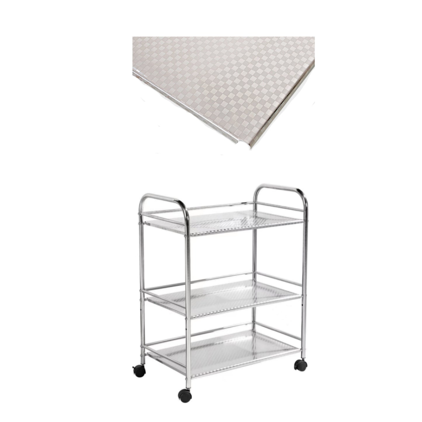 Multi-purpose rolling storage cart with three open shelves, perfect for kitchen or office organization. Ideal for bulk purchase directly from Chinese manufacturer.