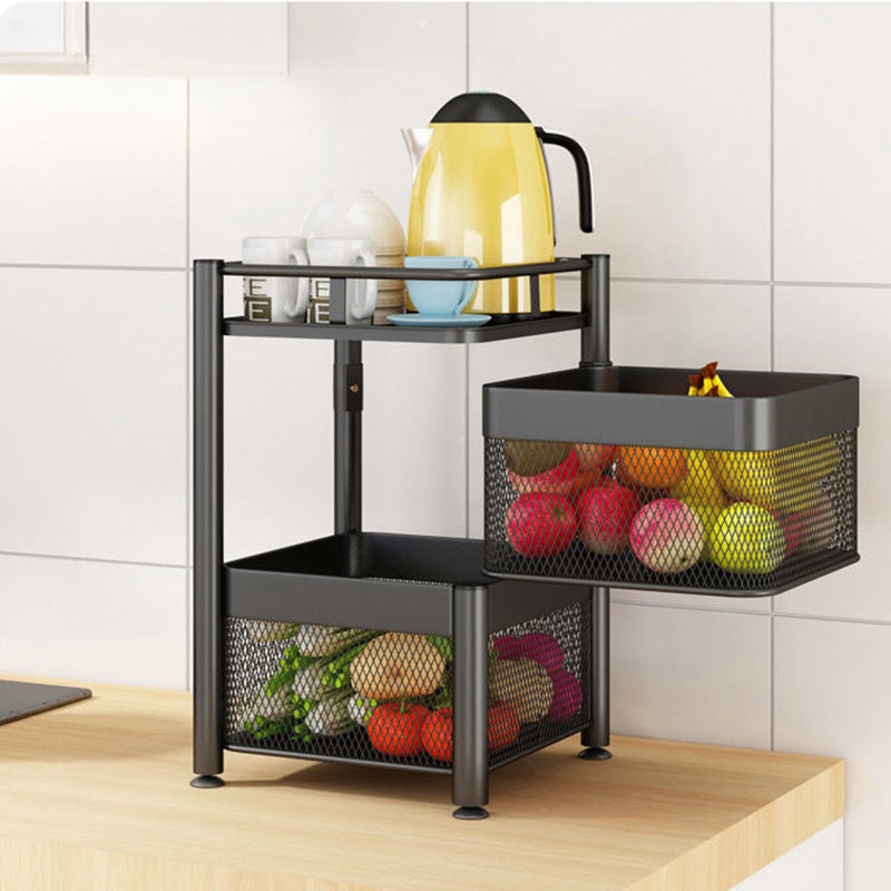 Movable storage rack with multiple levels, used for organizing kitchen countertops. Ideal for storing fruits, vegetables, or kitchen essentials. Practical design suitable for cafes, restaurants, and home organizing. Direct wholesale from China.