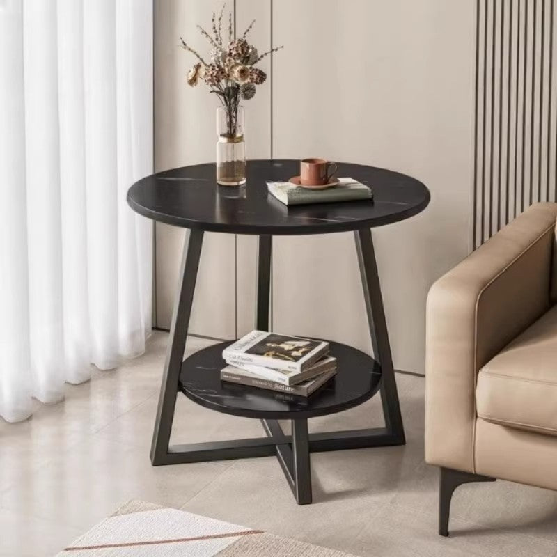 Round modern side table with storage shelf displayed in a living room setting, perfect for versatile use in homes or offices. Ideal for direct wholesale sourcing from China.