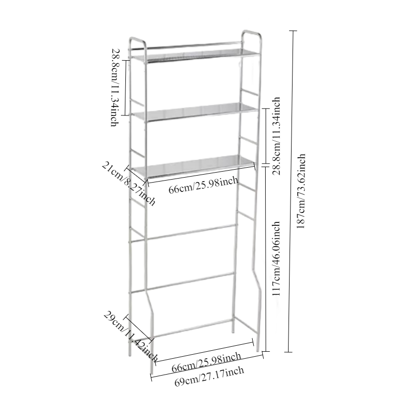 Over-the-washing-machine multi-functional storage rack with three shelves, designed for optimizing vertical space in bathrooms and laundry rooms. Suitable for wholesale directly from China’s furniture manufacturer.