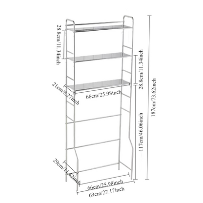 Over-the-washing-machine multi-functional storage rack with three shelves, designed for optimizing vertical space in bathrooms and laundry rooms. Suitable for wholesale directly from China’s furniture manufacturer.