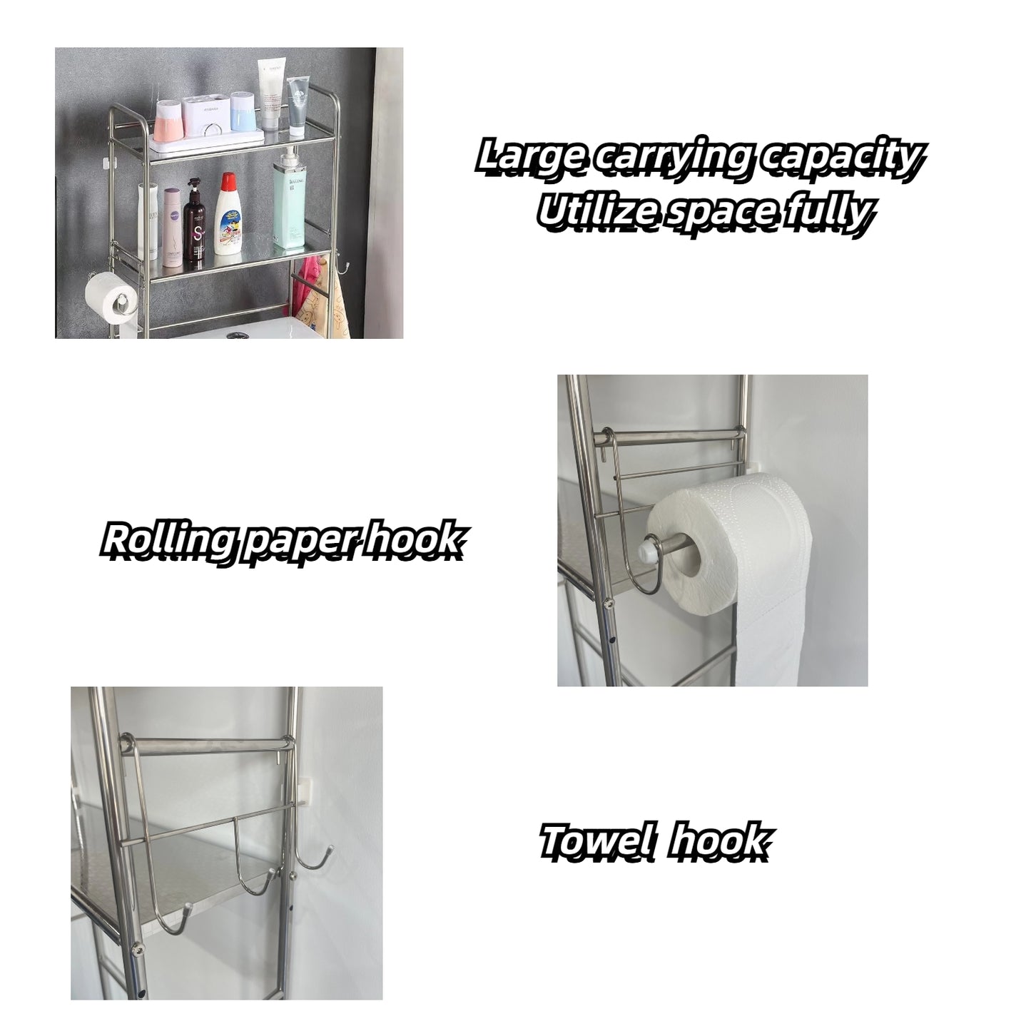 Over-washing-machine storage rack for bathroom or laundry room with large load capacity, featuring towel and paper hooks. Ideal for organizing cleaning supplies and daily essentials. Wholesale directly from China's leading manufacturer.