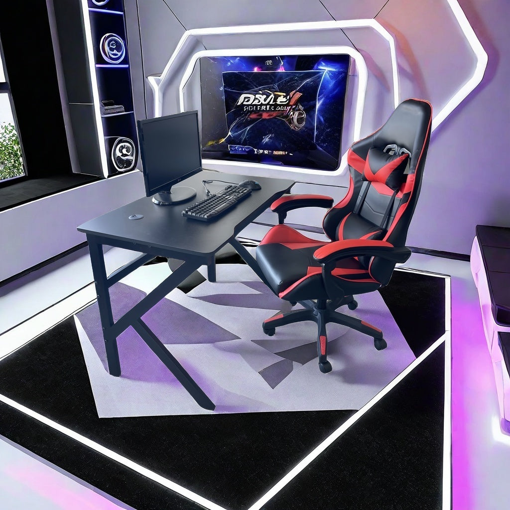 Gaming desk and ergonomic leather chair set in a modern gaming room setup, ideal for gaming enthusiasts or work-from-home professionals. Perfect for bulk buyers looking for direct-from-China wholesale options.