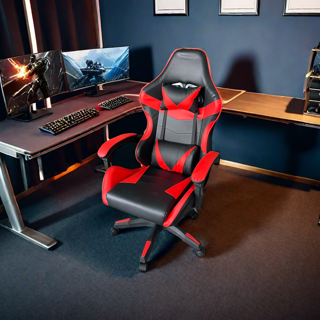 Ergonomic racing-style office and gaming chair with high back, headrest, lumbar support, adjustable height, reclining feature, and 360° swivel base. Ideal for professional and gaming environments, available for bulk import directly from China.