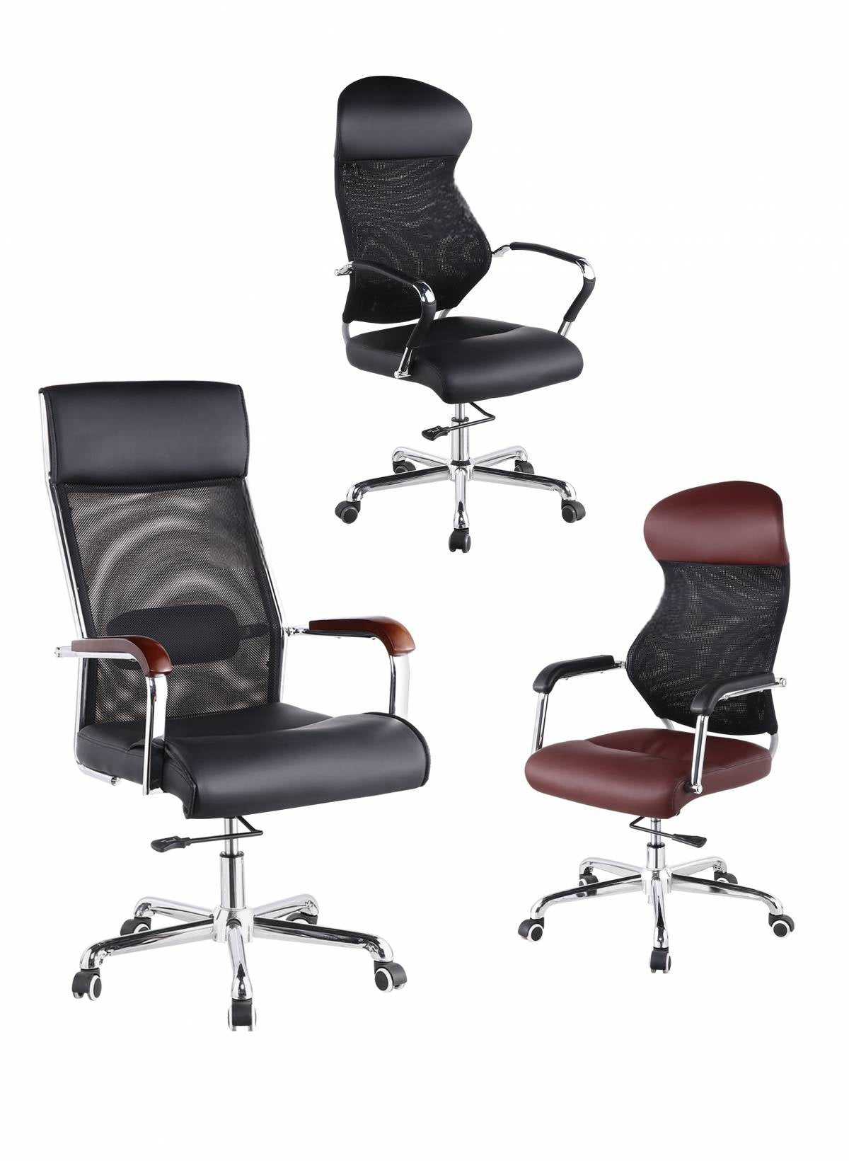 Ergonomic office chairs with leather and mesh designs, ideal for workspaces and executive offices. Adjustable and comfortable for long hours, available for direct wholesale from China.