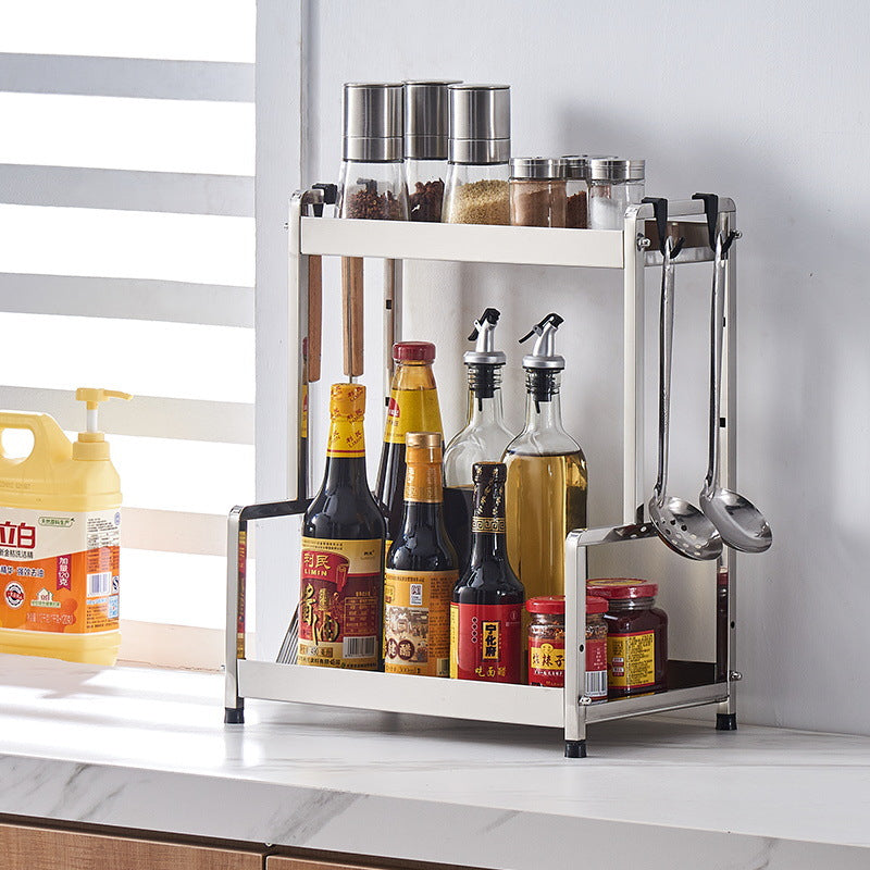 2-tier multifunctional kitchen spice rack for condiments, sauces, and utensils, ideal for home kitchens or commercial use. Space-saving design with streamlined assembly, offered at wholesale prices directly from Chinese suppliers. Perfect for efficient countertop organization.