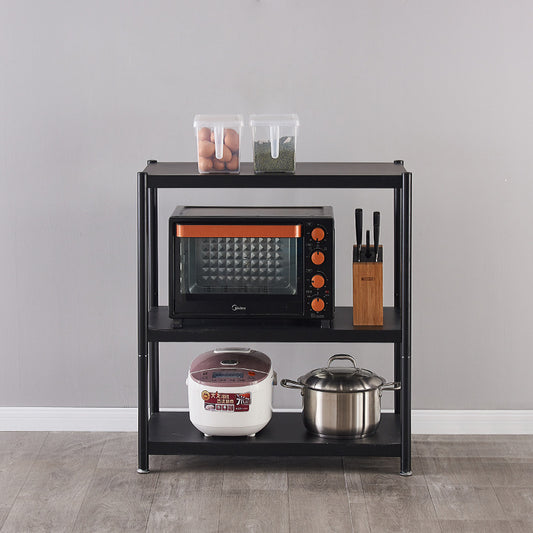 Multi-functional kitchen storage rack with shelves holding microwave, rice cooker, utensils, and containers. Ideal for organizing appliances and kitchenware. Suitable for bulk wholesale from China for various space solutions.