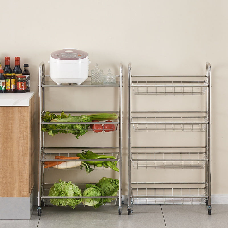 Adjustable multi-functional storage racks with rolling wheels in a kitchen setting, holding vegetables and kitchenware. Ideal for organizing pantry items and available for direct wholesale from China.