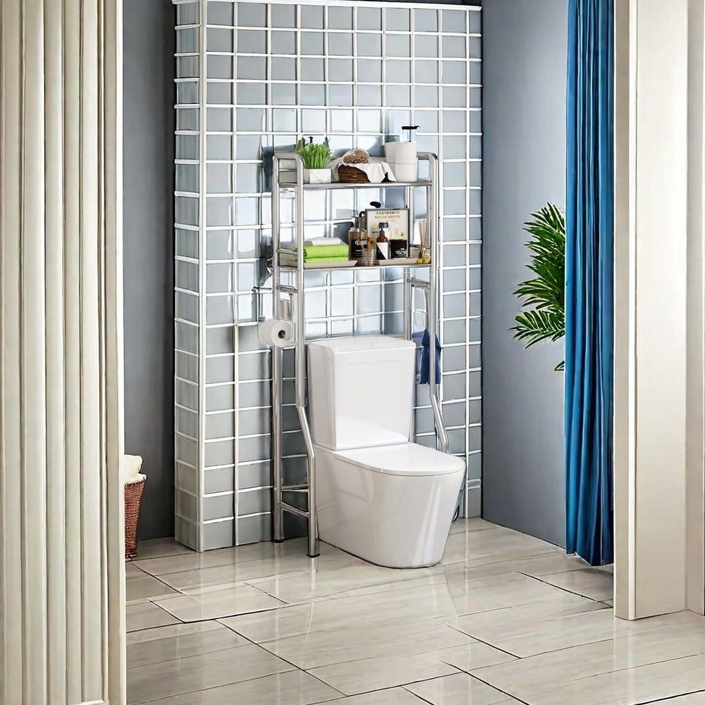 Over-the-toilet storage rack in a bathroom for space-saving organization, perfect for bulk wholesale buyers from China. Ideal for small space solutions in homes, hotels, and commercial spaces.