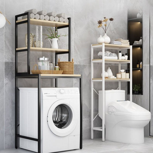 Laundry room shelves over washing machine and toilet, offering space-efficient storage for towels and cleaning supplies. Perfect for bathroom and laundry organization. Ideal for bulk purchase from trusted Chinese supplier for home improvement businesses.