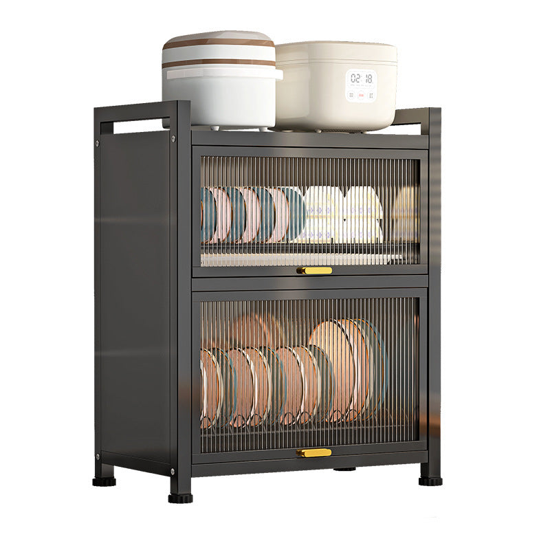 Kitchen storage rack with two compartments for organizing dishware, featuring a mesh door, with kitchen appliances like rice cookers displayed on top. Ideal for efficient kitchen setups in homes, restaurants, and break rooms. Suitable for wholesale purchases directly from China.