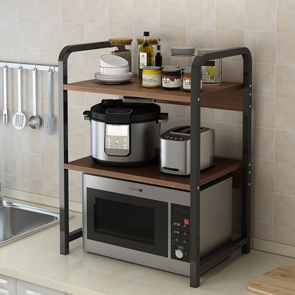 Multi-functional kitchen shelving unit holding a microwave and kitchen appliances, perfect for organizing kitchen spaces in homes, cafes, and restaurants. Ideal for wholesalers and bulk buyers looking for direct orders from Chinese manufacturers.