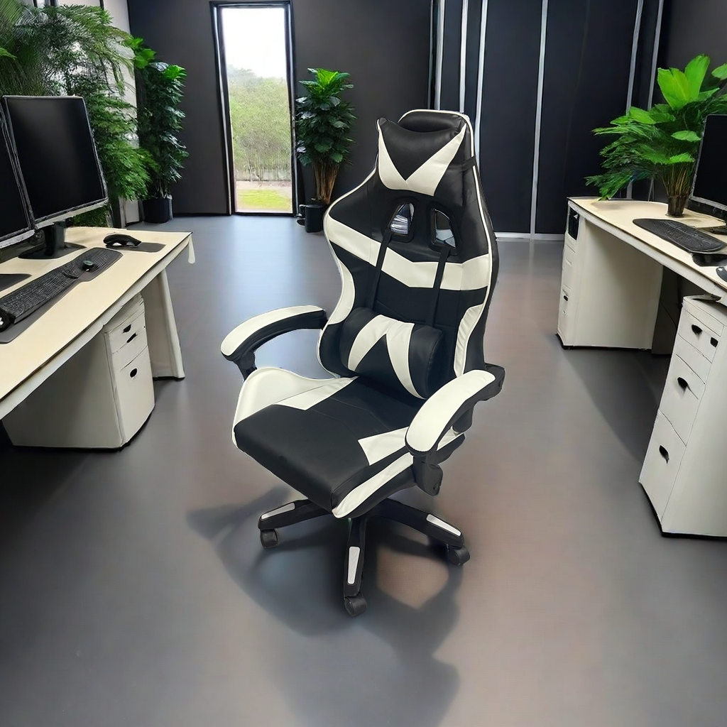 Ergonomic racing-style office or gaming chair with adjustable height and reclining features in a modern workspace setup, ideal for bulk purchasing directly from Chinese manufacturers.