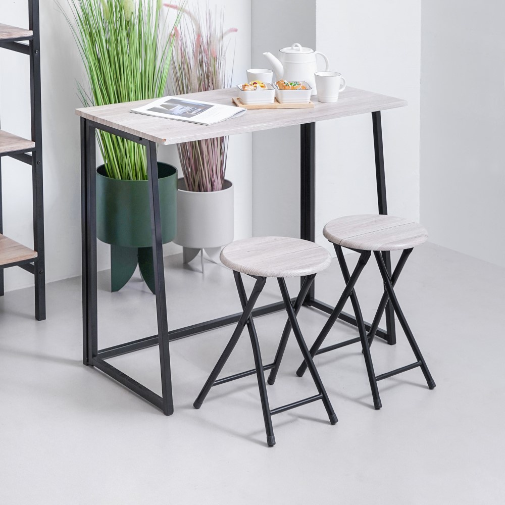 Multifunctional bar table set with two stools, ideal for small dining areas, cafes, or home offices. Designed for space-saving and direct wholesale from China.