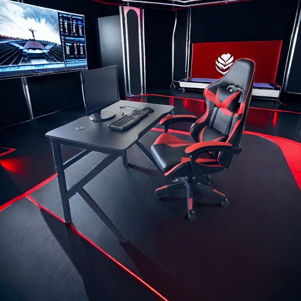 Ergonomic gaming chair with mesh back and gaming desk setup in a modern home or e-sports environment, ideal for long hours of work or gaming. Perfect for wholesale buyers sourcing furniture directly from China.