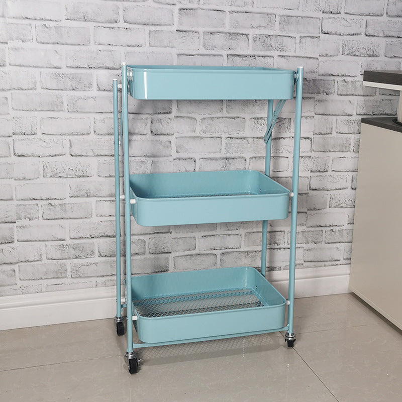 Three-tier mobile storage cart with caster wheels, ideal for kitchen and home organization. Suitable for wholesale buyers looking for direct-from-China bulk orders. Foldable, space-saving design for easy mobility and versatile use in living spaces, offices, or workshops.