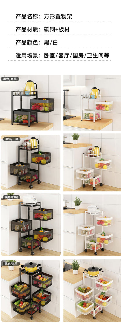 Multi-tier movable storage racks used in kitchen spaces for organizing fruits, vegetables, and other items. Suitable for home or business use, emphasizing convenience and wholesale options directly from China manufacturers. Perfect for decluttering countertops and adding functionality to rooms like kitchens, bathrooms, and offices.